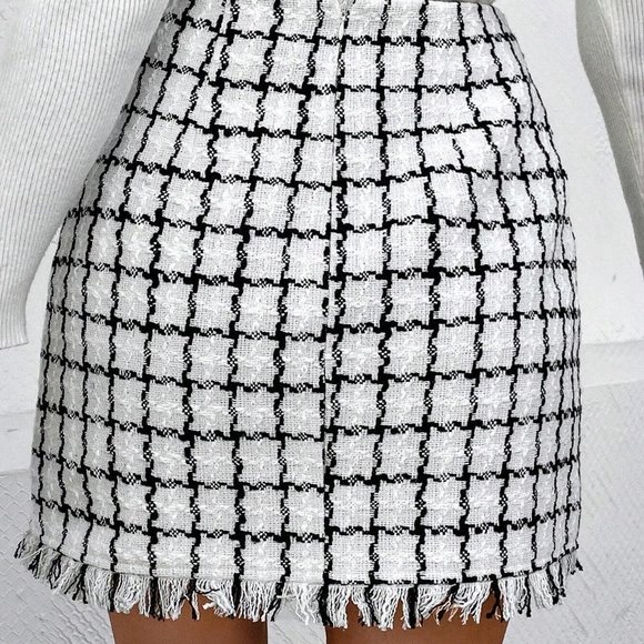 White Preppy Womens Plaid Pattern Raw Hem Tweed Skirt - Picture 2 of 5